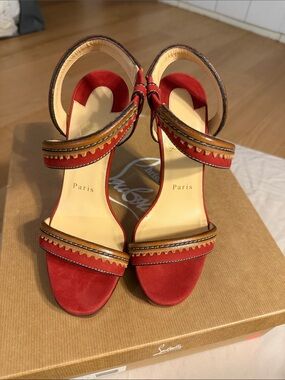 Christian Louboutin Red Suede Ankle-Strap Sandals with Brown Trim